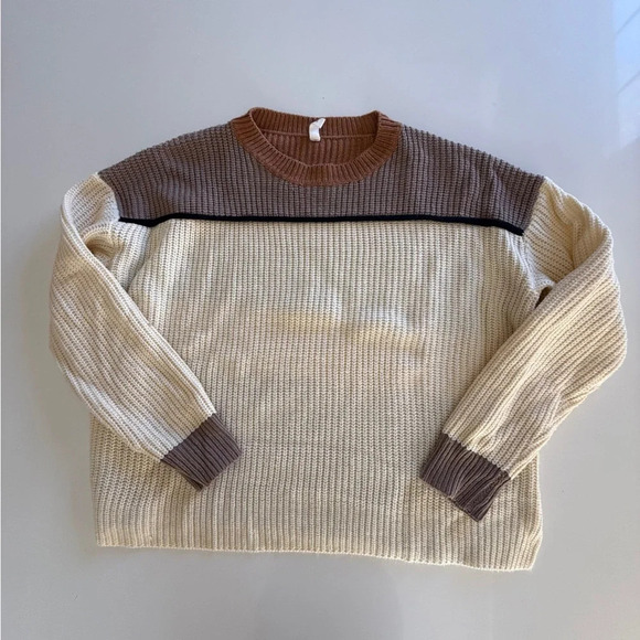 Wishlist Sweaters - Wishlist- Women’s M- Color block- Crew Neck-Sweater-Brown-Tan-Cream-Gray-Stripe
